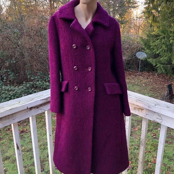 VTG 60S BROMLEIGH BOUCLE WOOL PURPLE MIDI COAT - Picture 1 of 8